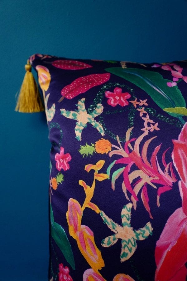 Navy Tropical Fusion Silk Cushion