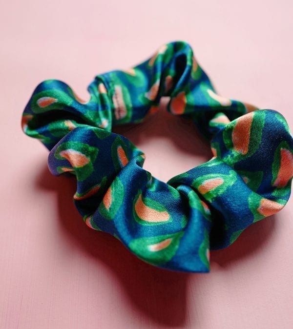 Blue Abstract Leaf Silk Scrunchie